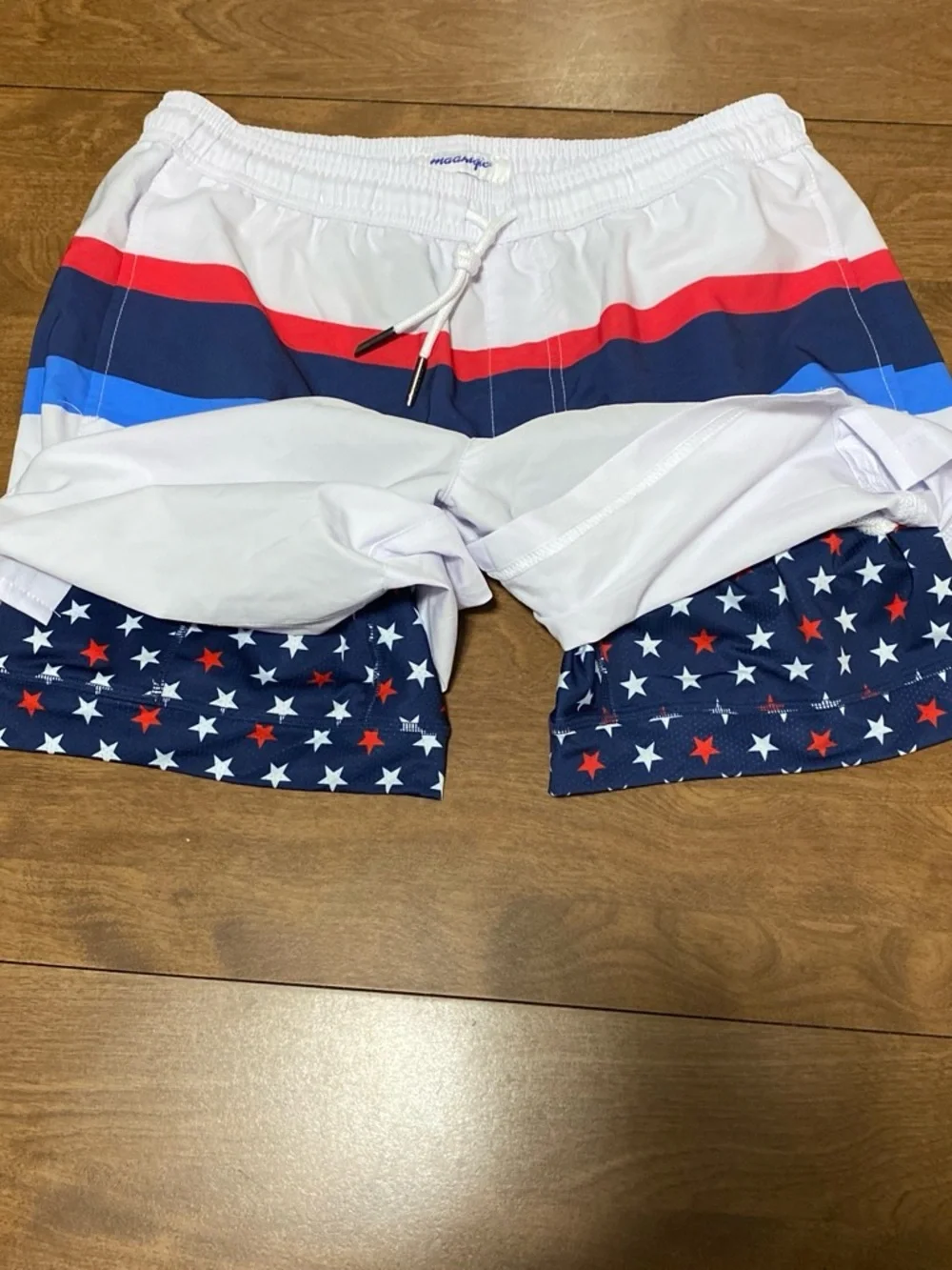 Men's White Swim Trunks with Red, Navy and Royal Blue Stripes